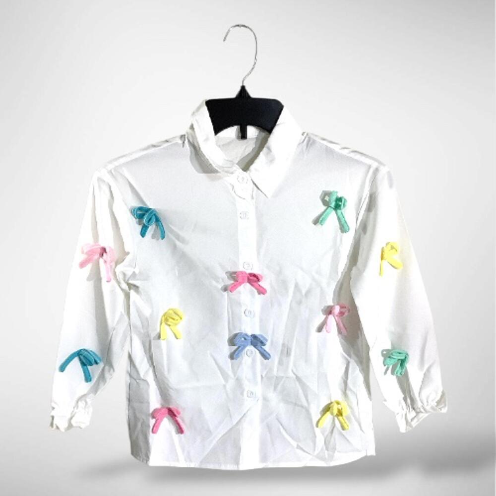 NWT WDIRARA Girl's Bow Button Down Long Sleeve Collar Shirt, 8Y